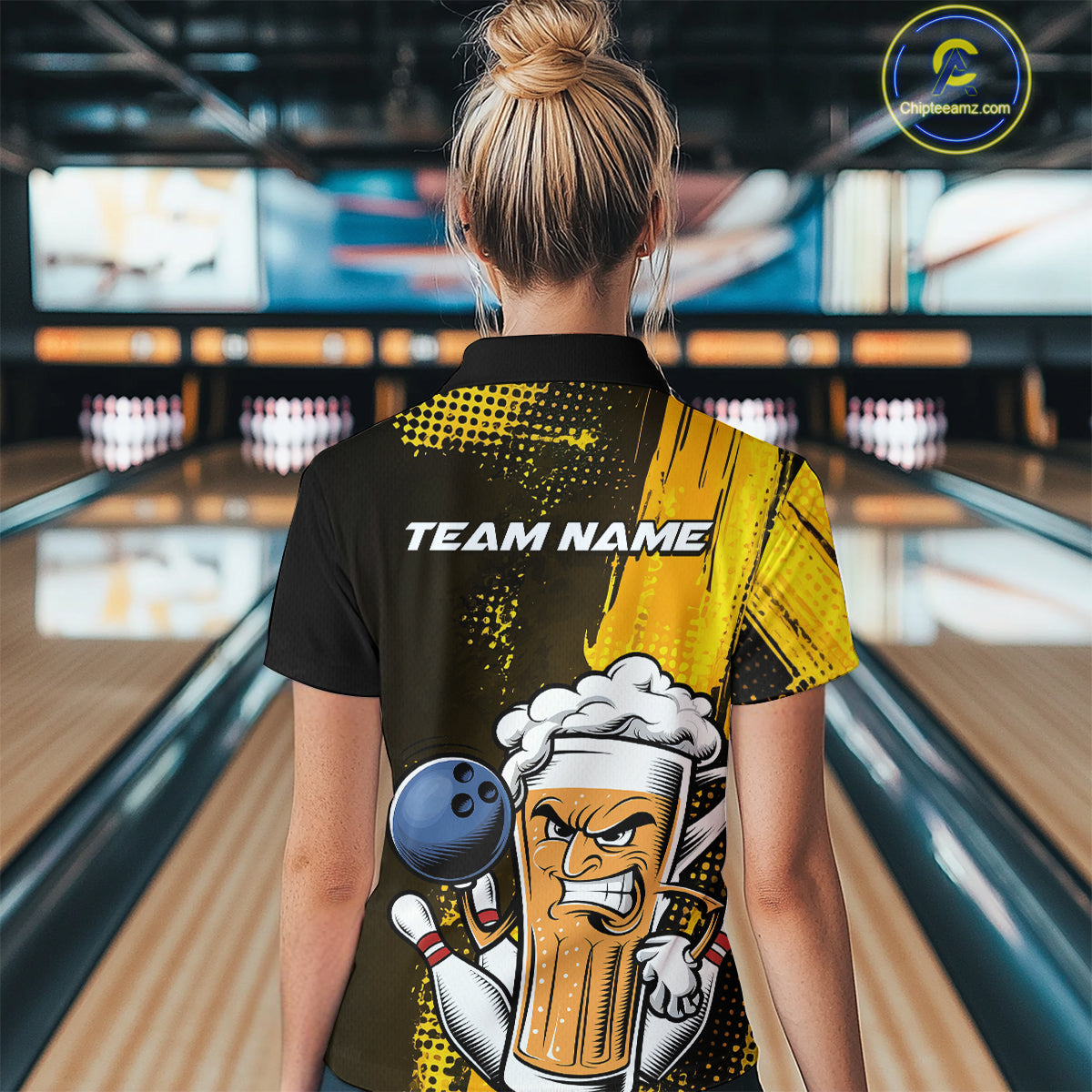 Custom Black And Yellow Funny Bowling And Beer Jerseys, Bowling Team Women Polo Shirts IPHW9606