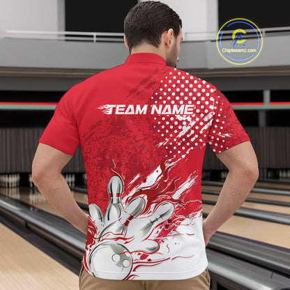 Custom White And Red Bowling Team Quarter-Zip Shirts For Men, Flame Bowling Jerseys Team Shirt IPHW9618