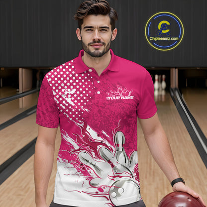 Custom White And Pink Bowling Team Polo Shirts For Men, Flame Bowling Jerseys Team Shirt IPHW9619