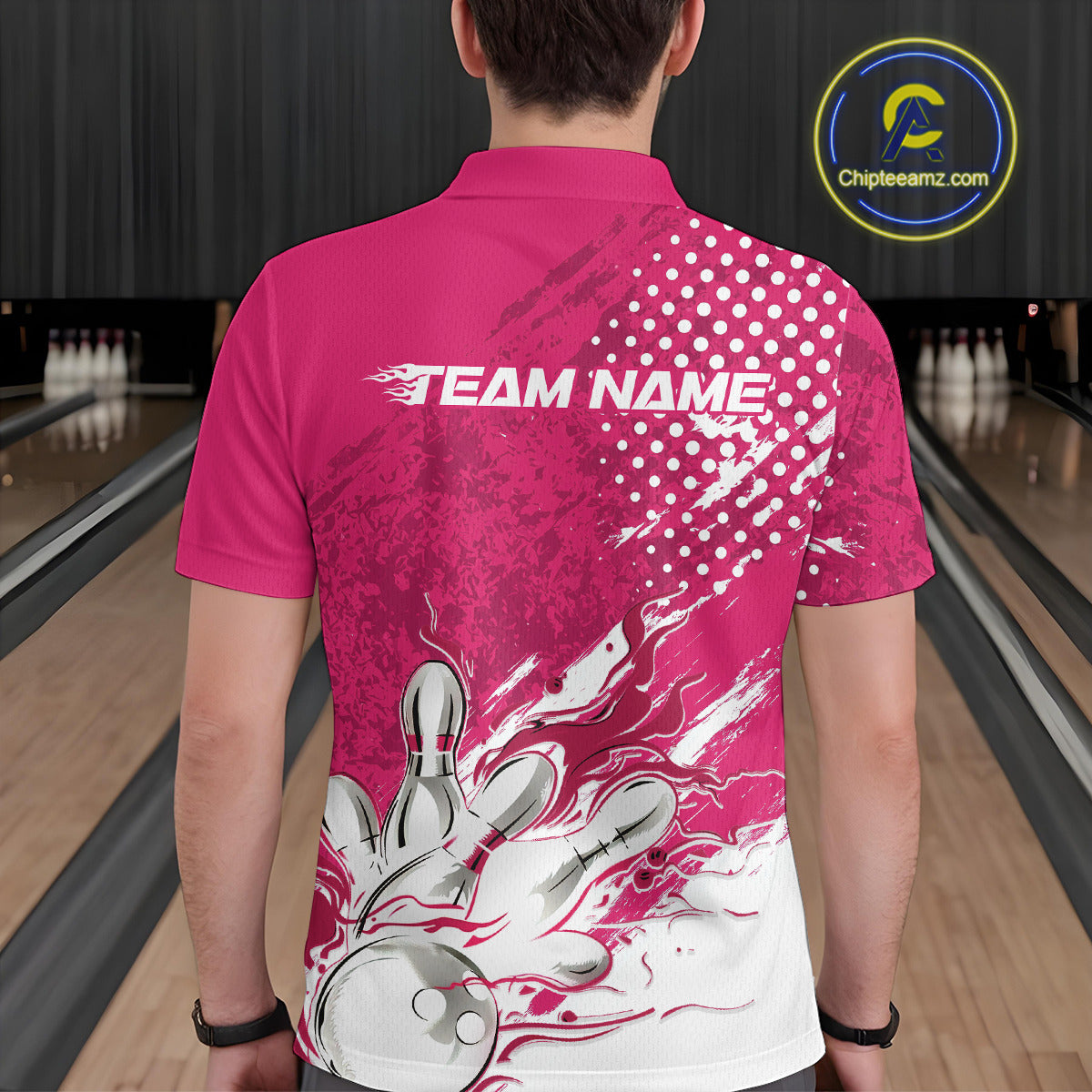 Custom White And Pink Bowling Team Polo Shirts For Men, Flame Bowling Jerseys Team Shirt IPHW9619