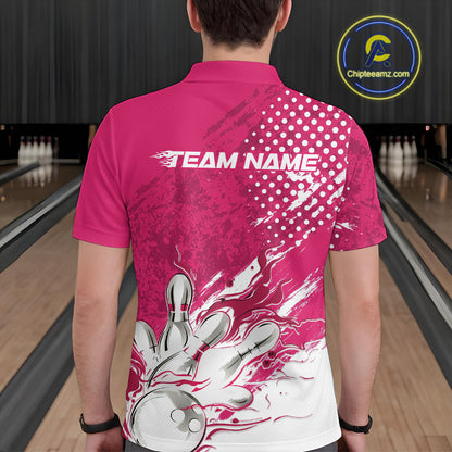 Custom White And Pink Bowling Team Polo Shirts For Men, Flame Bowling Jerseys Team Shirt IPHW9619