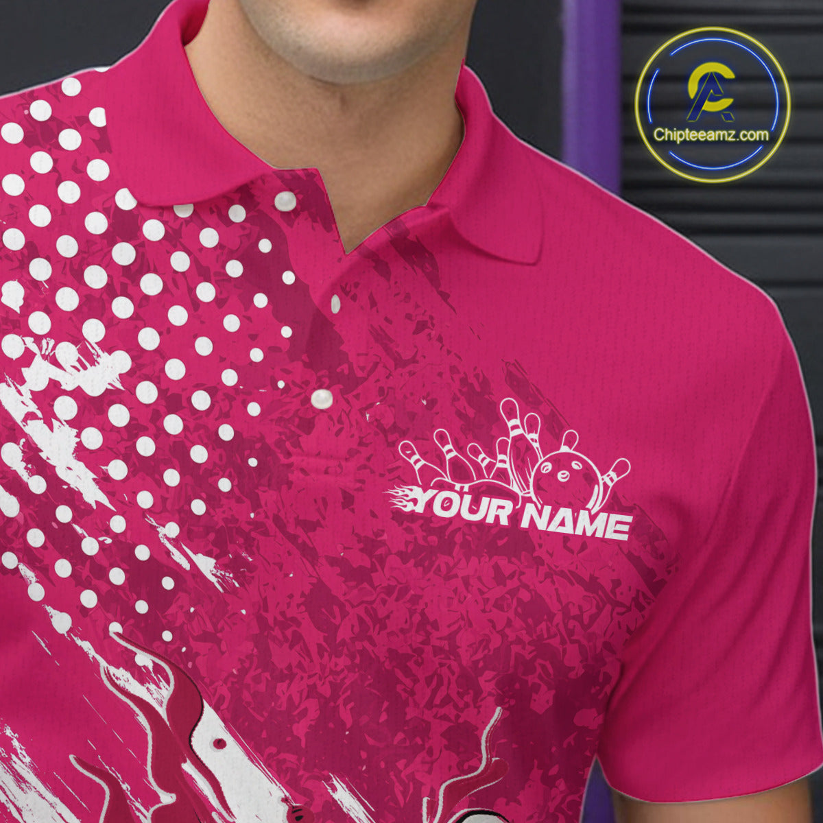 Custom White And Pink Bowling Team Polo Shirts For Men, Flame Bowling Jerseys Team Shirt IPHW9619