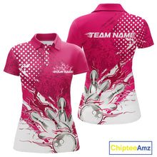 Load image into Gallery viewer, Custom White And Pink Bowling Team Polo Shirt For Women, Flame Bowling Jerseys Team Shirt IPHW9619