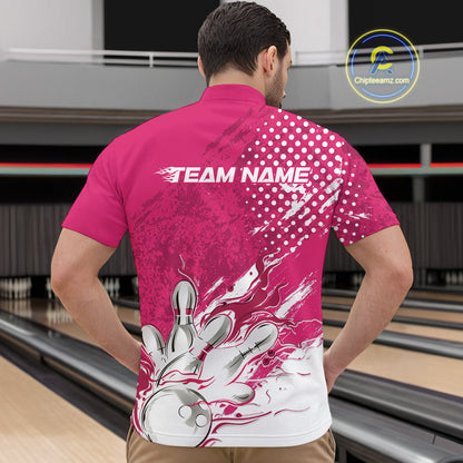 Custom White And Pink Bowling Team Quarter-Zip Shirts For Men, Flame Bowling Jerseys Team Shirt IPHW9619