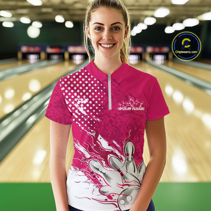 Custom White And Pink Bowling Women Quarter Zip Shirt, Flame Bowling Jerseys Team Shirt IPHW9619