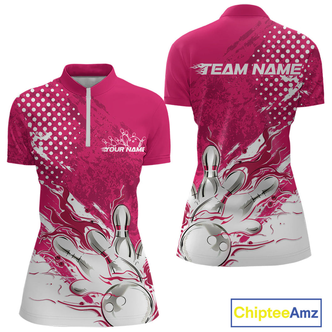 Custom White And Pink Bowling Women Quarter Zip Shirt, Flame Bowling Jerseys Team Shirt IPHW9619