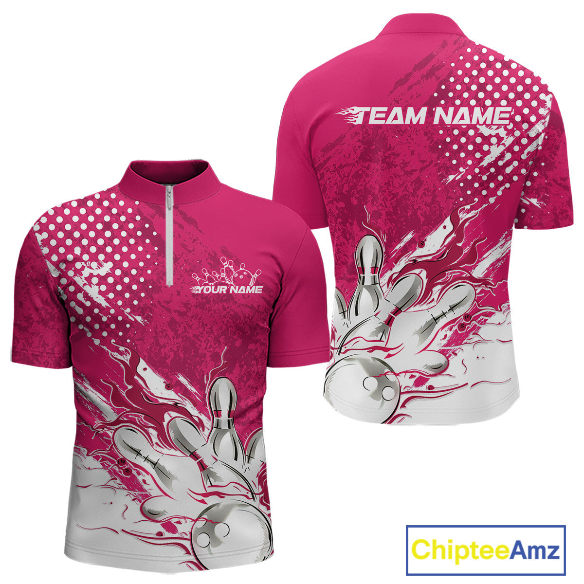 Custom White And Pink Bowling Team Quarter-Zip Shirts For Men, Flame Bowling Jerseys Team Shirt IPHW9619