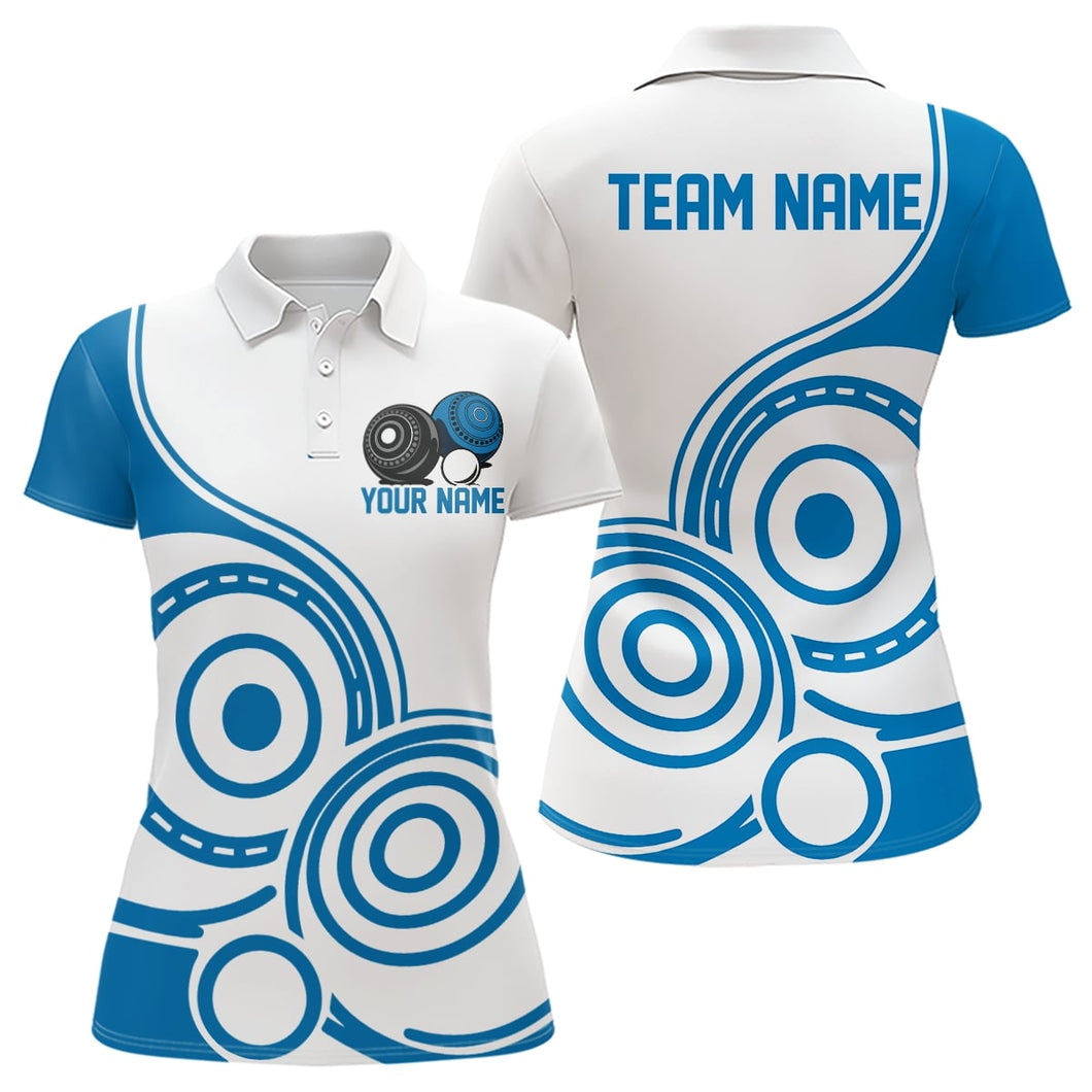 Custom White And Blue Lawn Bowling Polo Shirts For Women, Lawn Bowling Team Outfit IPHW9049