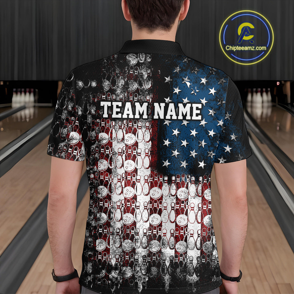 Custom Patriotic US Flag Bowling Men Polo Team Shirts, American Bowling League Shirt IPHW9325