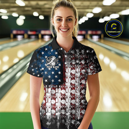 Custom Patriotic US Flag Bowling Women Polo Team Shirts, American Bowling League Shirt IPHW9325