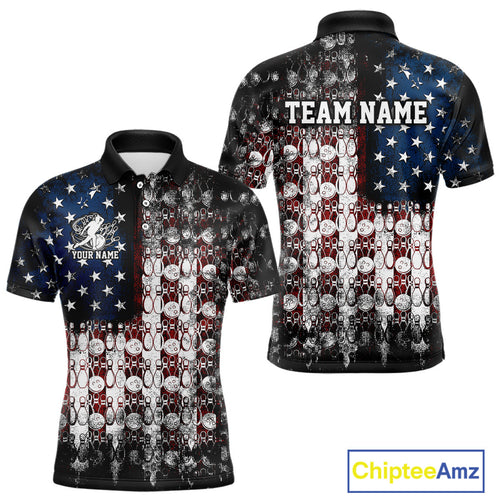 Custom Patriotic US Flag Bowling Men Polo Team Shirts, American Bowling League Shirt IPHW9325