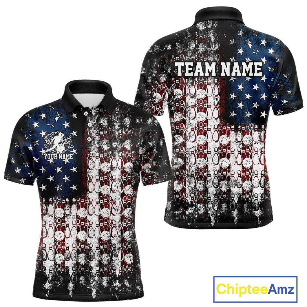 Custom Patriotic US Flag Bowling Men Polo Team Shirts, American Bowling League Shirt IPHW9325