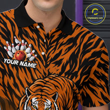 Load image into Gallery viewer, Custom Black And Orange Tiger Print Bowling Polo Team Shirts For Men, Bowling Jerseys IPHW9091