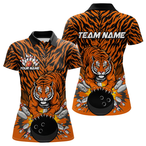 Custom Black And Orange Tiger Print Bowling Polo Team Shirts For Women, Bowling Jerseys IPHW9091