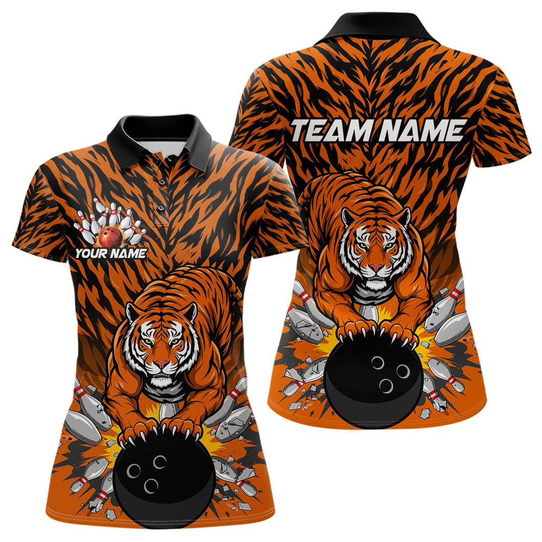 Custom Black And Orange Tiger Print Bowling Polo Team Shirts For Women, Bowling Jerseys IPHW9091