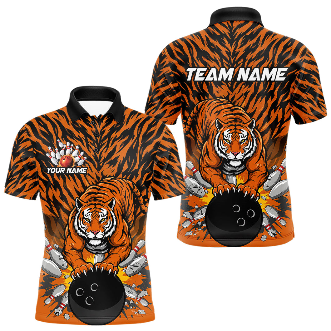 Custom Black And Orange Tiger Print Bowling Polo Team Shirts For Men, Bowling Jerseys IPHW9091