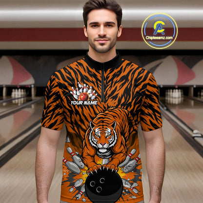 Custom Black And Orange Tiger Print Bowling Quarter-Zip Team Shirts For Men, Bowling Jerseys IPHW9091