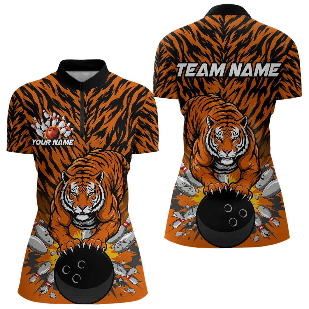 Custom Black And Orange Tiger Print Bowling Quarter-Zip Team Shirts For Women Jerseys IPHW9091