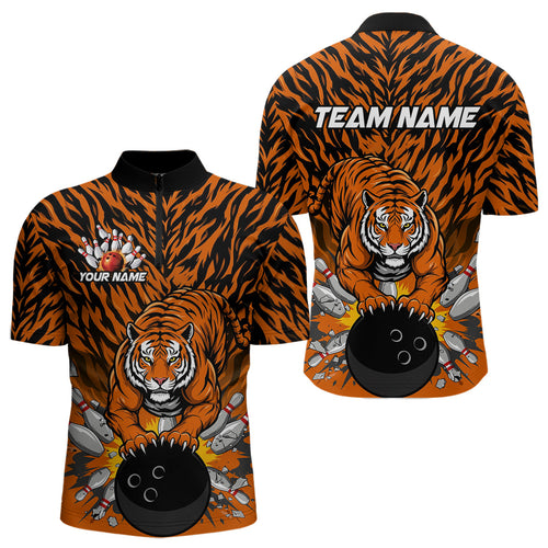 Custom Black And Orange Tiger Print Bowling Quarter-Zip Team Shirts For Men, Bowling Jerseys IPHW9091