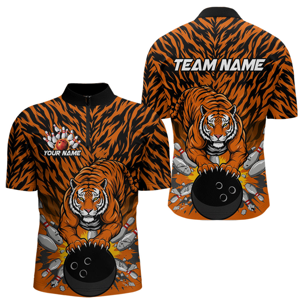 Custom Black And Orange Tiger Print Bowling Quarter-Zip Team Shirts For Men, Bowling Jerseys IPHW9091