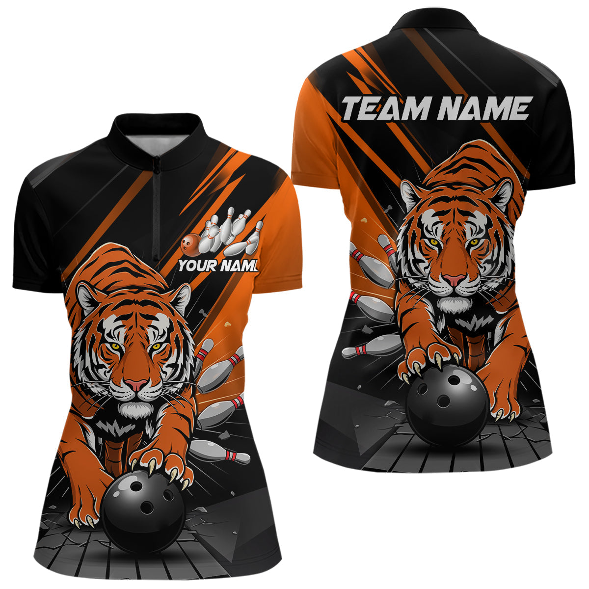 Custom Tiger Bowling Team Quarter-Zip Shirts For Women, Bowling Tournament Outfit IPHW9096