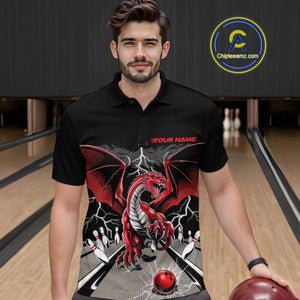Custom Red Dragon On The Lane Bowling Polo Shirts For Men, Dragon Bowling Team Shirt IPHW9101
