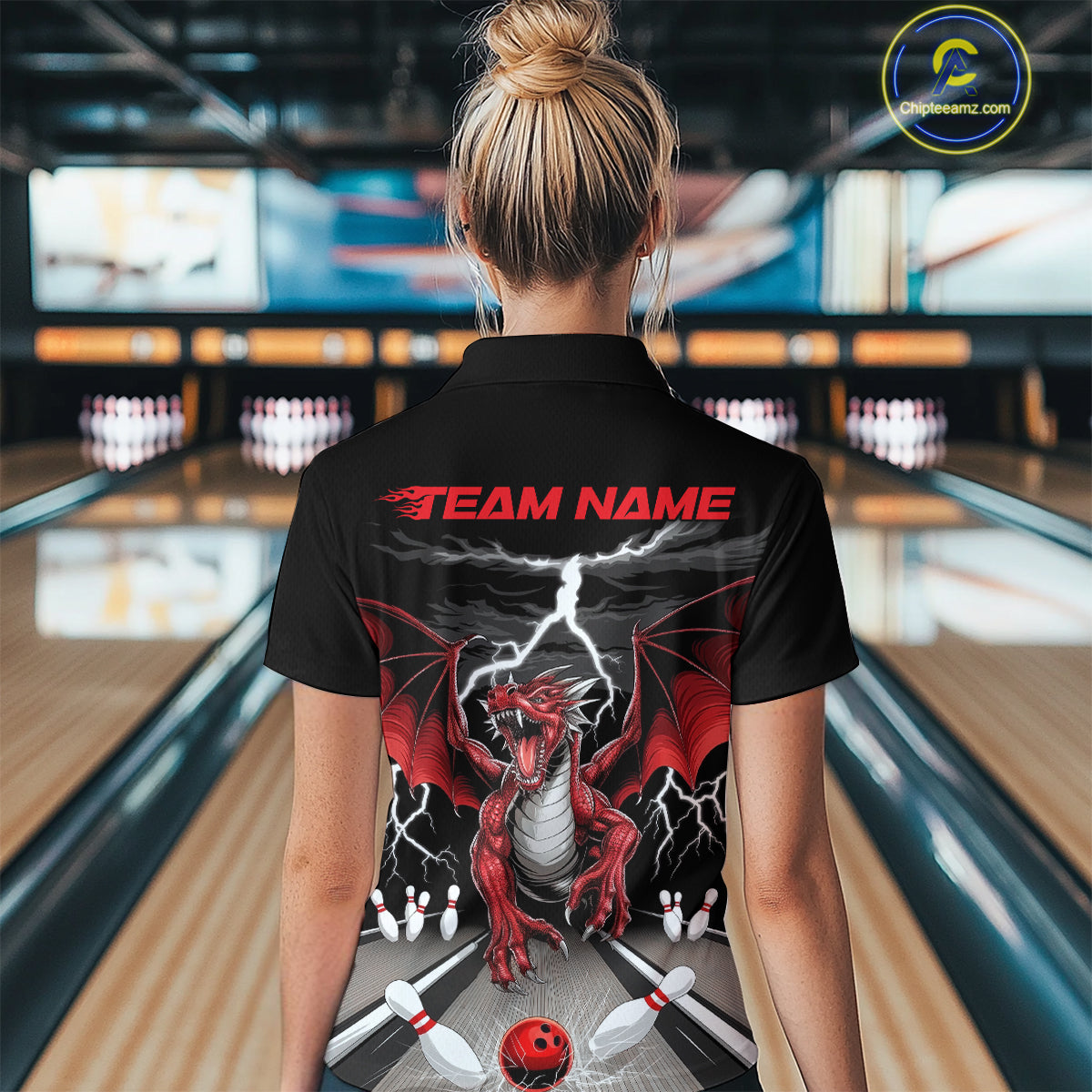 Custom Red Dragon On The Lane Bowling Polo Shirts For Women, Dragon Bowling Team Shirt IPHW9101