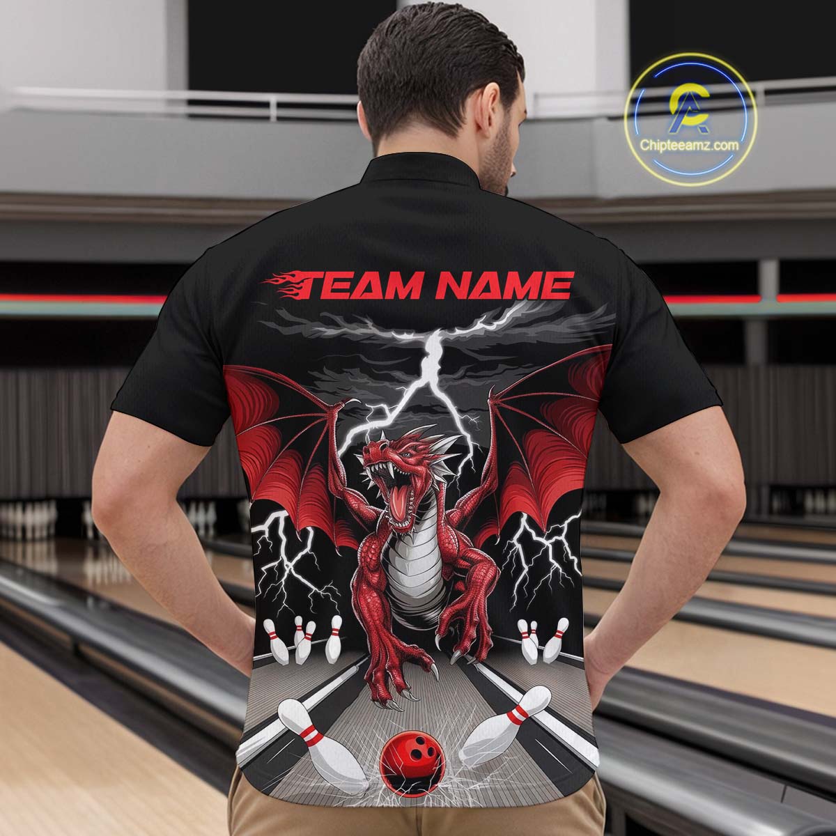 Custom Red Dragon On The Lane Bowling Quarter-Zip Shirts For Men, Dragon Bowling Team Shirt IPHW9101