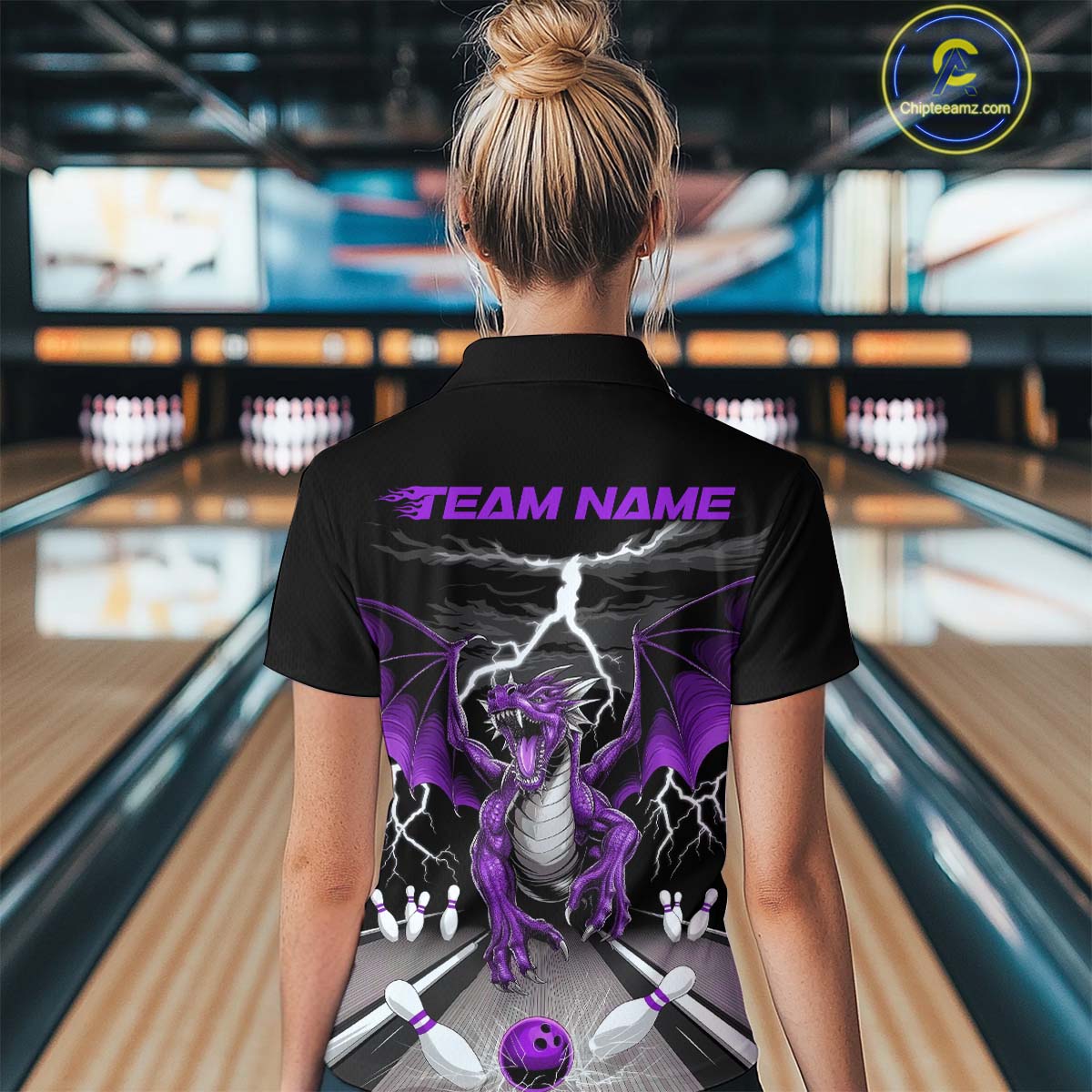 Custom Purple Dragon On The Lane Bowling Polo Shirts For Women, Dragon Bowling Team Shirt IPHW9102