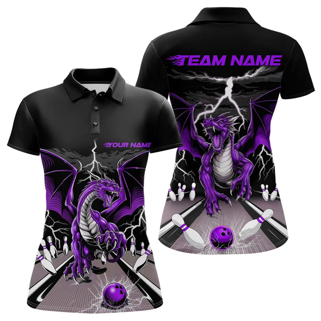 Custom Purple Dragon On The Lane Bowling Polo Shirts For Women, Dragon Bowling Team Shirt IPHW9102