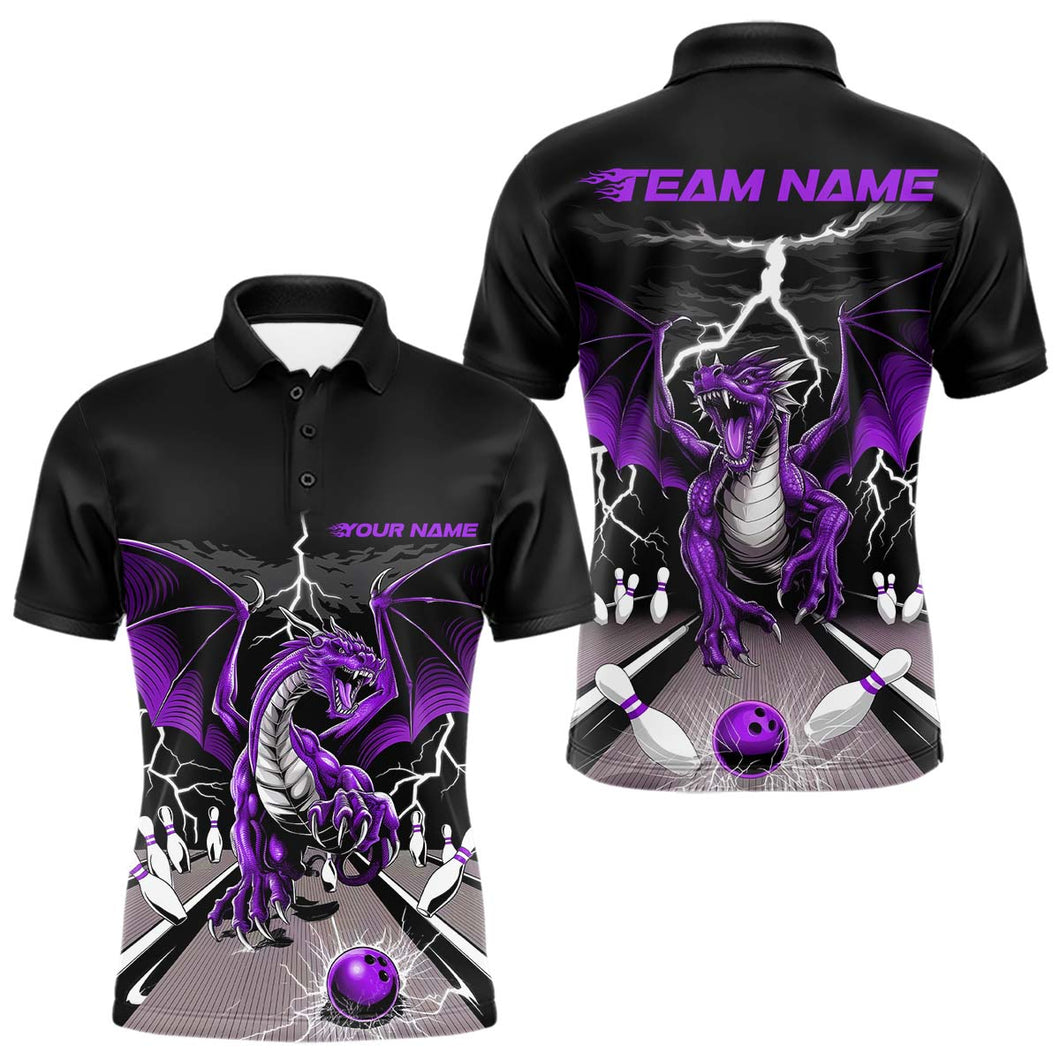 Custom Purple Dragon On The Lane Bowling Polo Shirts For Men, Dragon Bowling Team Shirt IPHW9102