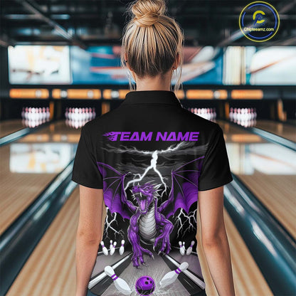 Custom Purple Dragon On The Lane Bowling Women Quarter-Zip Shirts, Bowling Team Shirt IPHW9102