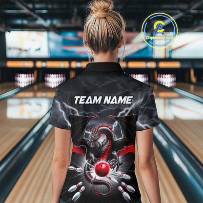 Custom Thunder Lightning Red Dragon Bowling Team Women Quarter-Zip Shirts, Bowling Jersey IPHW9110
