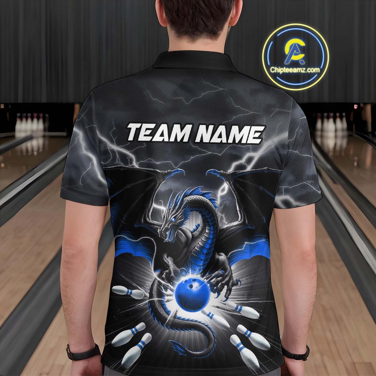 Custom Thunder Lightning Blue Dragon Bowling Team Polo Shirts For Men, Bowling Jerseys IPHW9111