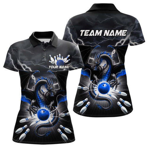 Custom Thunder Lightning Blue Dragon Bowling Team Polo Shirts For Women, Bowling Jerseys IPHW9111