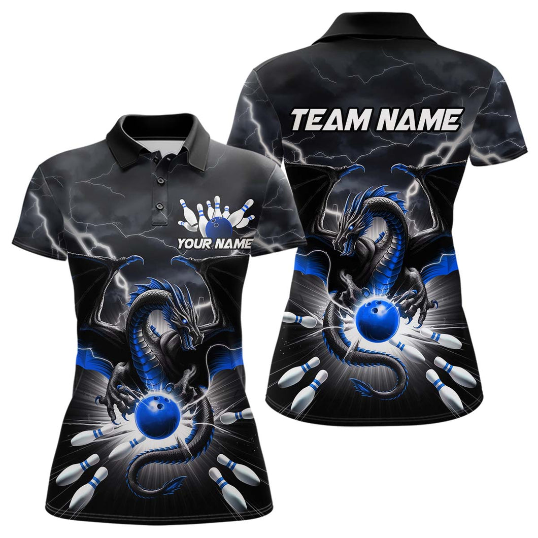 Custom Thunder Lightning Blue Dragon Bowling Team Polo Shirts For Women, Bowling Jerseys IPHW9111
