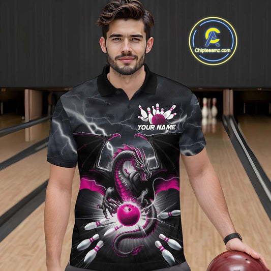 Custom Thunder Lightning Pink Dragon Bowling Team Polo Shirts For Men, Bowling Jerseys IPHW9113