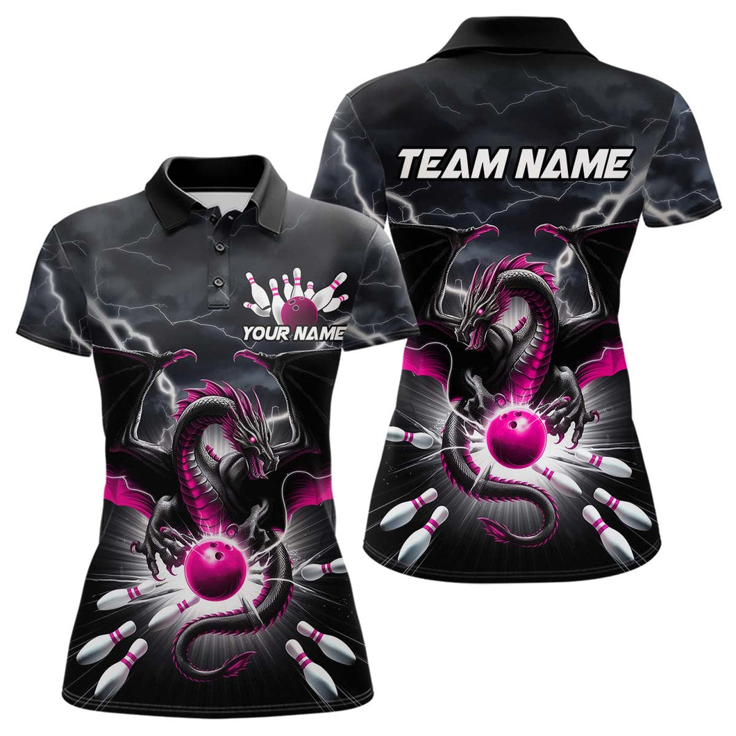Custom Thunder Lightning Pink Dragon Bowling Team Polo Shirts For Women, Bowling Jerseys IPHW9113