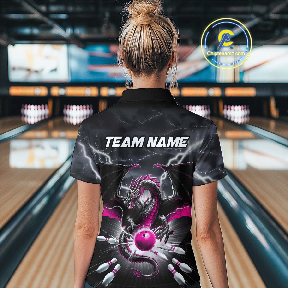 Custom Thunder Lightning Pink Dragon Bowling Women Quarter-Zip Shirts, Bowling Jerseys IPHW9113