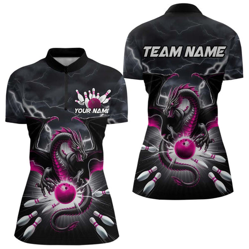 Custom Thunder Lightning Pink Dragon Bowling Women Quarter-Zip Shirts, Bowling Jerseys IPHW9113