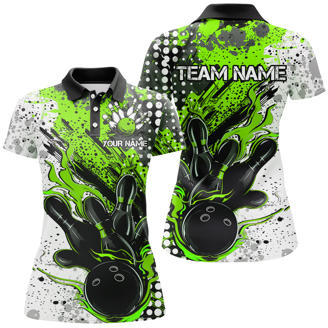 Black And Green Custom Flame Ladies Bowling Shirts, Splatter Bowling Team Jerseys Outfit IPHW7166