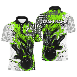 Black And Green Custom Flame Bowling Shirts For Men, Splatter Bowling Team Jerseys Outfit IPHW7166