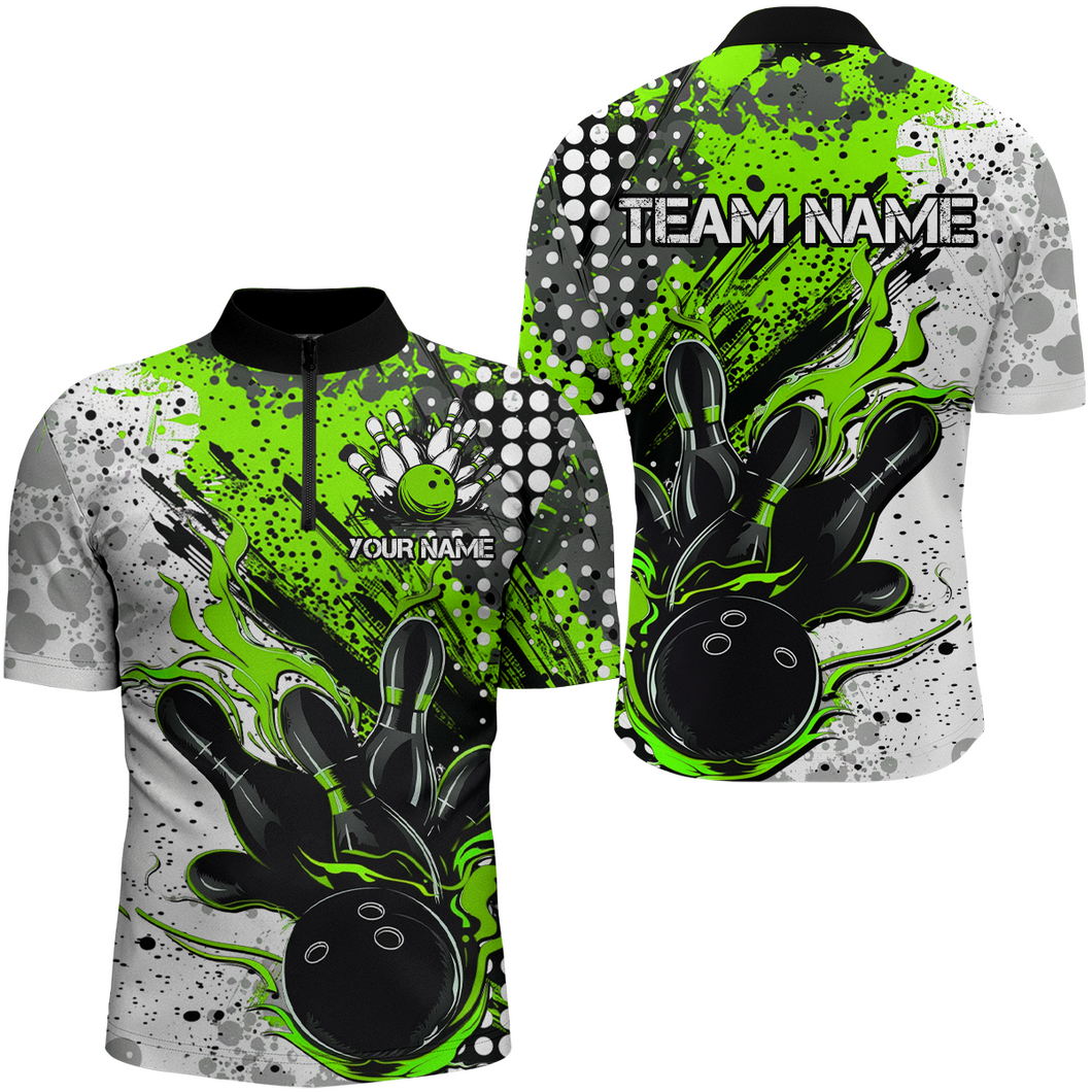 Black And Green Custom Flame Bowling Shirts For Men, Splatter Bowling Team Jerseys Outfit IPHW7166