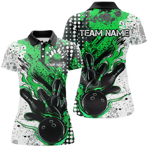 Black And Green Custom Flame Ladies Bowling Shirts, Splatter Bowling Team Jerseys Outfit IPHW7167