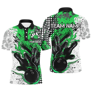 Black And Green Custom Flame Bowling Shirts For Men, Splatter Bowling Team Jerseys Outfit IPHW7167