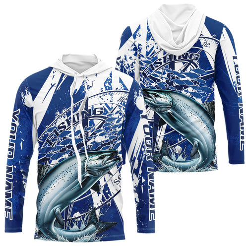 Custom Blue Camo Chinook King Salmon Saltwater Fishing Long Sleeve Hooded Fishing Shirts IPHW9159