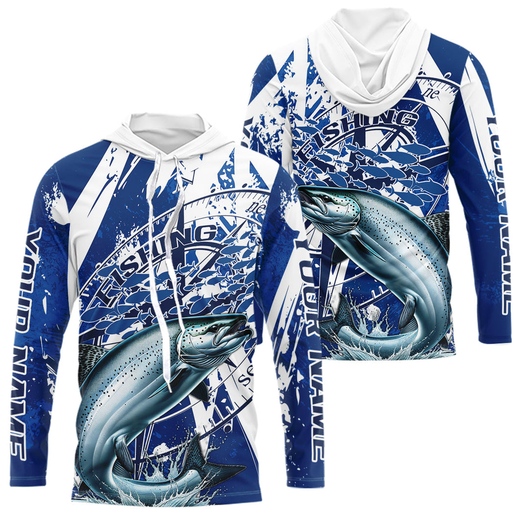 Custom Blue Camo Chinook King Salmon Saltwater Fishing Long Sleeve Hooded Fishing Shirts IPHW9159