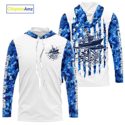 Custom Blue Camo Patriotic Saltwater Long Sleeve Hooded Fishing Shirts, Deepsea Fishing Shirt IPHW9164