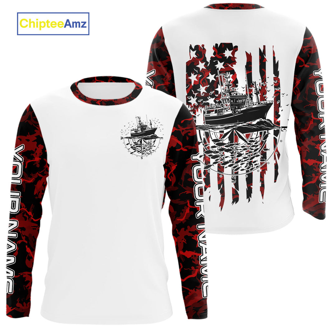 Custom Red Camo Patriotic Saltwater Long Sleeve Performance Fishing Shirts, Deepsea Fishing Shirt IPHW9166