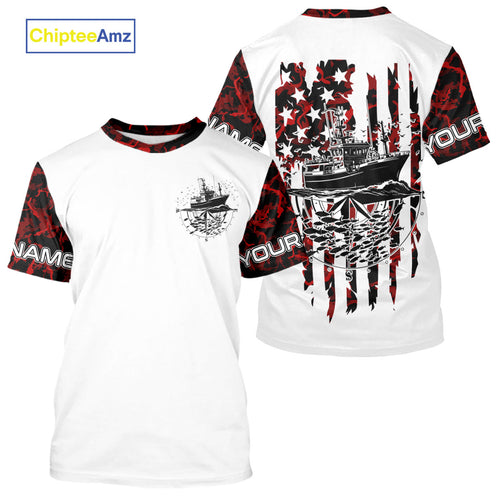 Custom Red Camo Patriotic Saltwater Performance Fishing T-Shirts, Deepsea Fishing T-Shirt IPHW9166